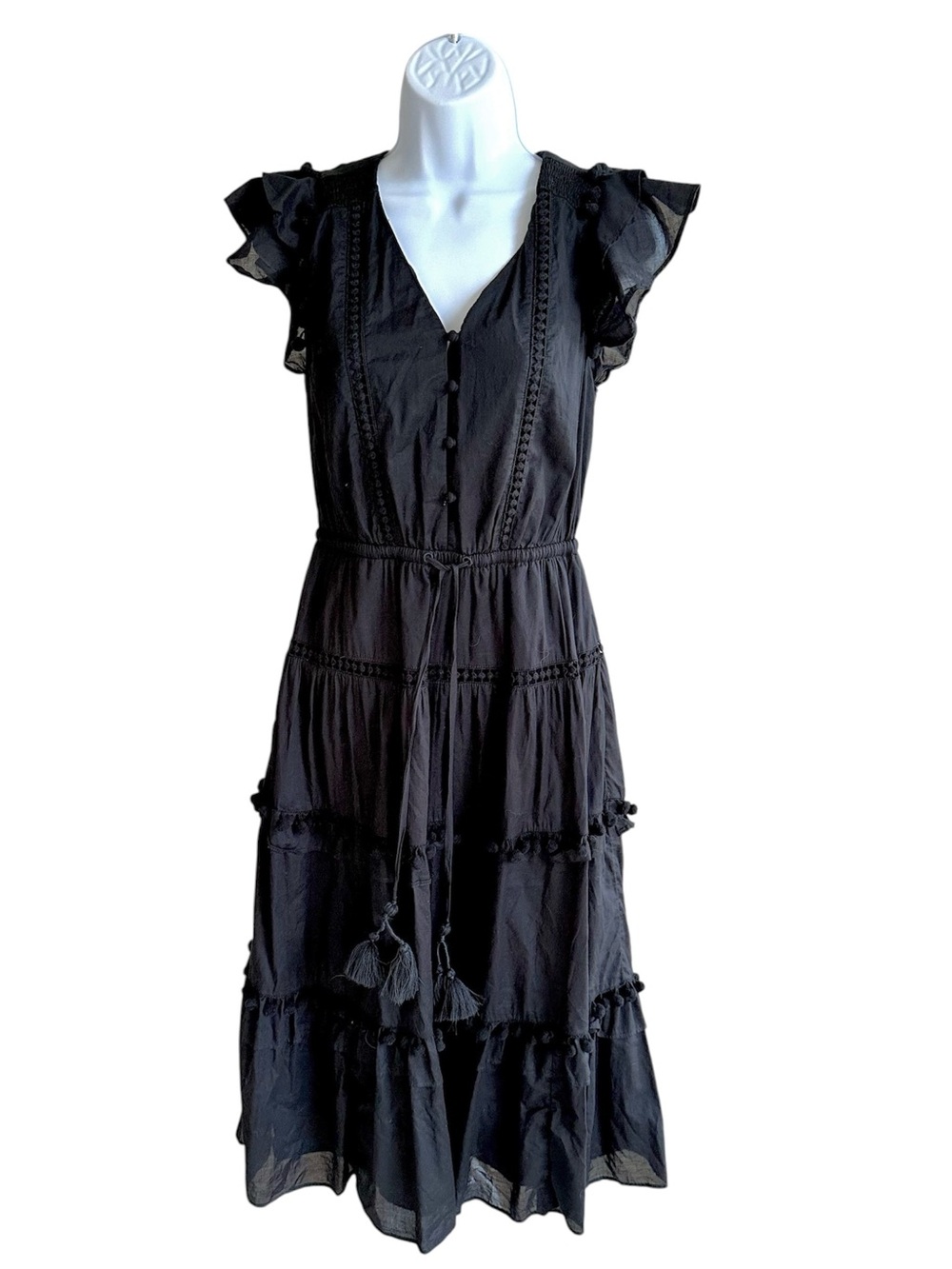 J. Crew Pom-Pom Black Tiered Ruffle Midi Dress